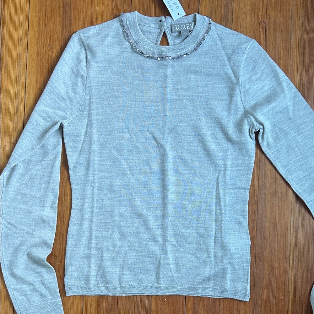 J. Crew Light Gray Beaded Long Sleeve Top